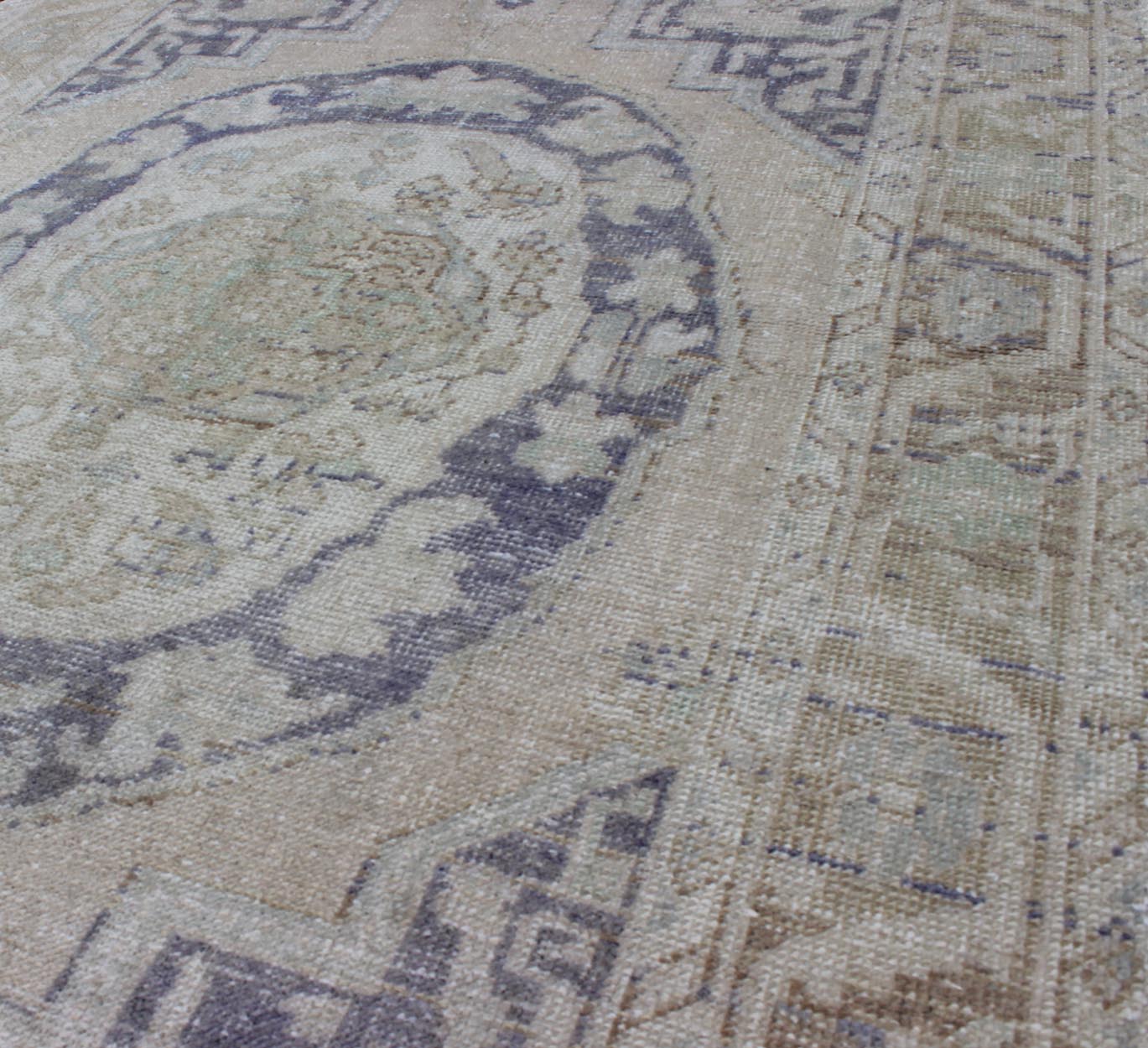 Vintage Medallion Oushak of Ottoman Design This unique medallion Oushak of Ottoman design displays a neutral color pallete with grey, cream, taupe, green and ivory tones. The bold design is softened by delicate and tone - on - tone colors. Measur... - Keivan Woven ArtsEN - 140476 - 6057Rug
