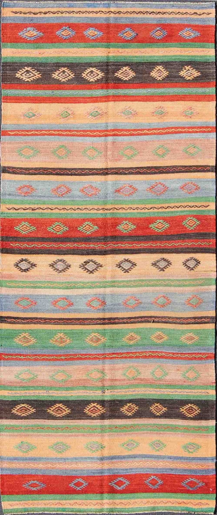 Vintage Turkish Kilim Carpet with Colorful Geometric Stripe Design. Vintage Hand - Knotted Turkish Kilim with Geometric Stripes, rug EN - 140519, country of origin / type: Turkey / Oushak, circa mid - 20th century. Featuring tribal shapes with a sp... - Keivan Woven ArtsEN - 140519 - 6061Rug