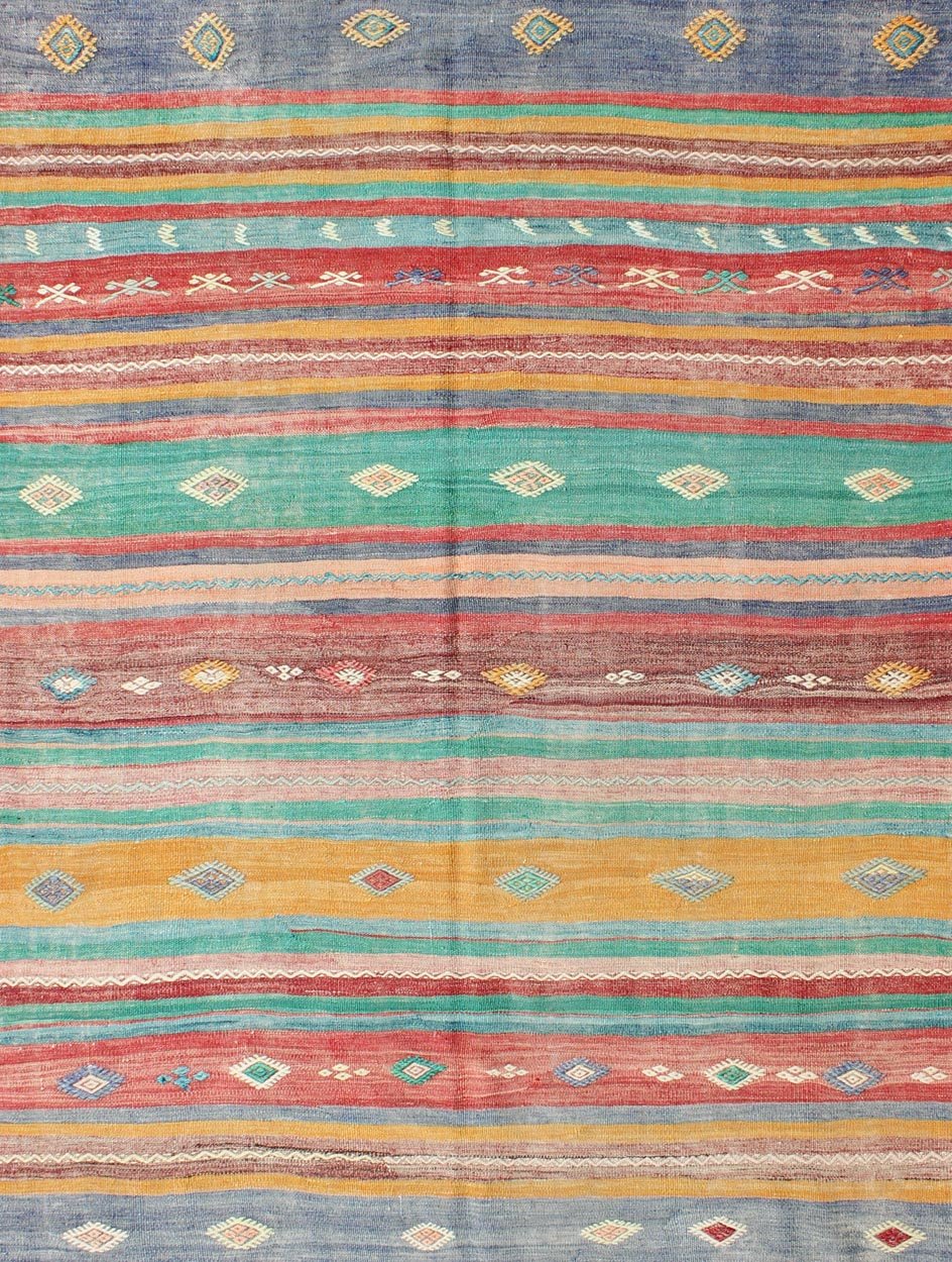 Bright and Colorful Flat - Weave Turkish Kilim Rug with Geometric Stripe Design kwarugs Geometric strip flat - weave Kilim rug from Turkey in Bright, cheerful, colorful colors, rug en - 140549, country of origin / type: turkey / Kilim, circa 1950. ... - Keivan Woven ArtsEN - 140549 - 6089Rug