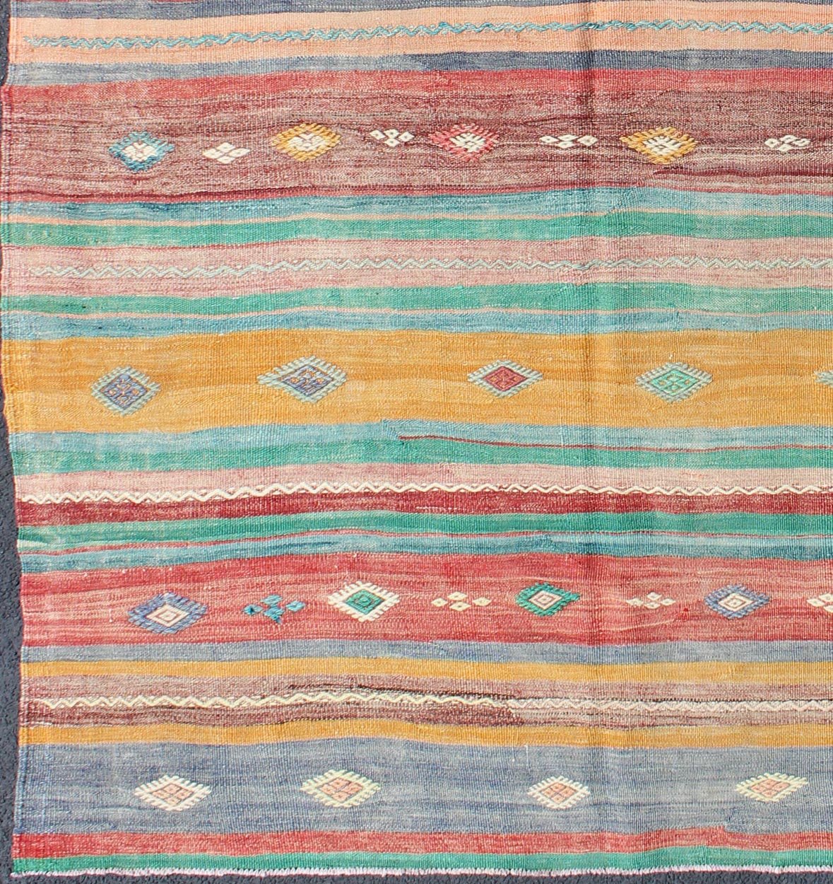 Bright and Colorful Flat - Weave Turkish Kilim Rug with Geometric Stripe Design kwarugs Geometric strip flat - weave Kilim rug from Turkey in Bright, cheerful, colorful colors, rug en - 140549, country of origin / type: turkey / Kilim, circa 1950. ... - Keivan Woven ArtsEN - 140549 - 6089Rug