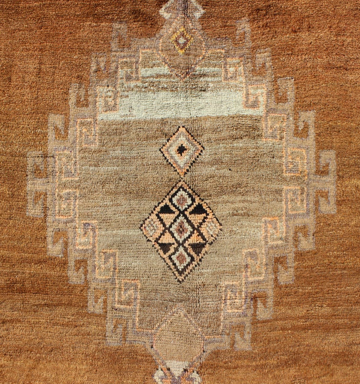 Vintage Turkish Kars Tribal Medallion Runner in Camel, Brown, and Taupe Measures: 4'6 x 10'11 This Kars Oushak features a triple center medallion with an overall geometric design scheme. The camel colored background homes three large tri... - Keivan Woven ArtsEN - 140562 - 5684Rug