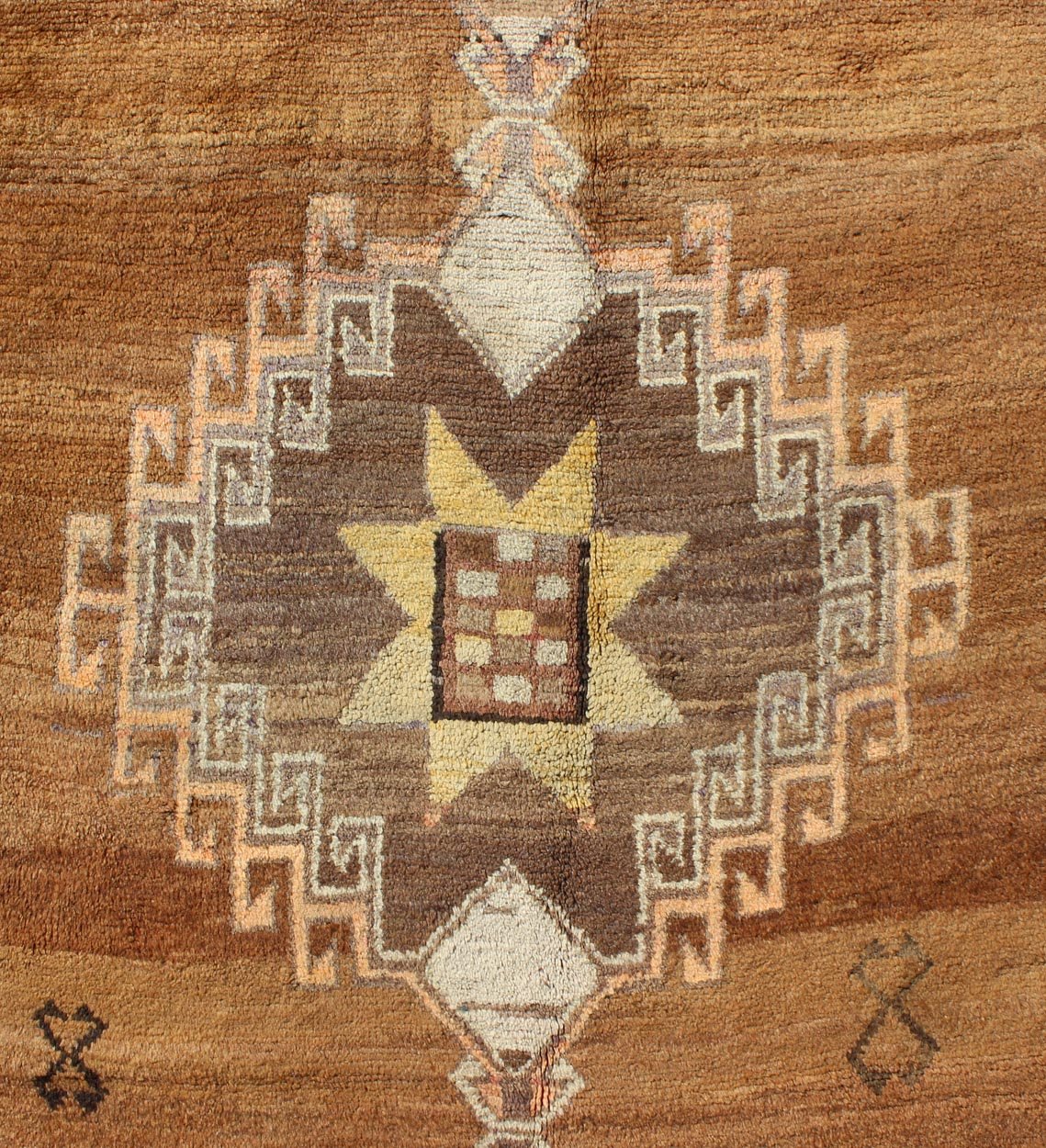 Vintage Turkish Kars Tribal Medallion Runner in Camel, Brown, and Taupe Measures: 4'6 x 10'11 This Kars Oushak features a triple center medallion with an overall geometric design scheme. The camel colored background homes three large tri... - Keivan Woven ArtsEN - 140562 - 5684Rug