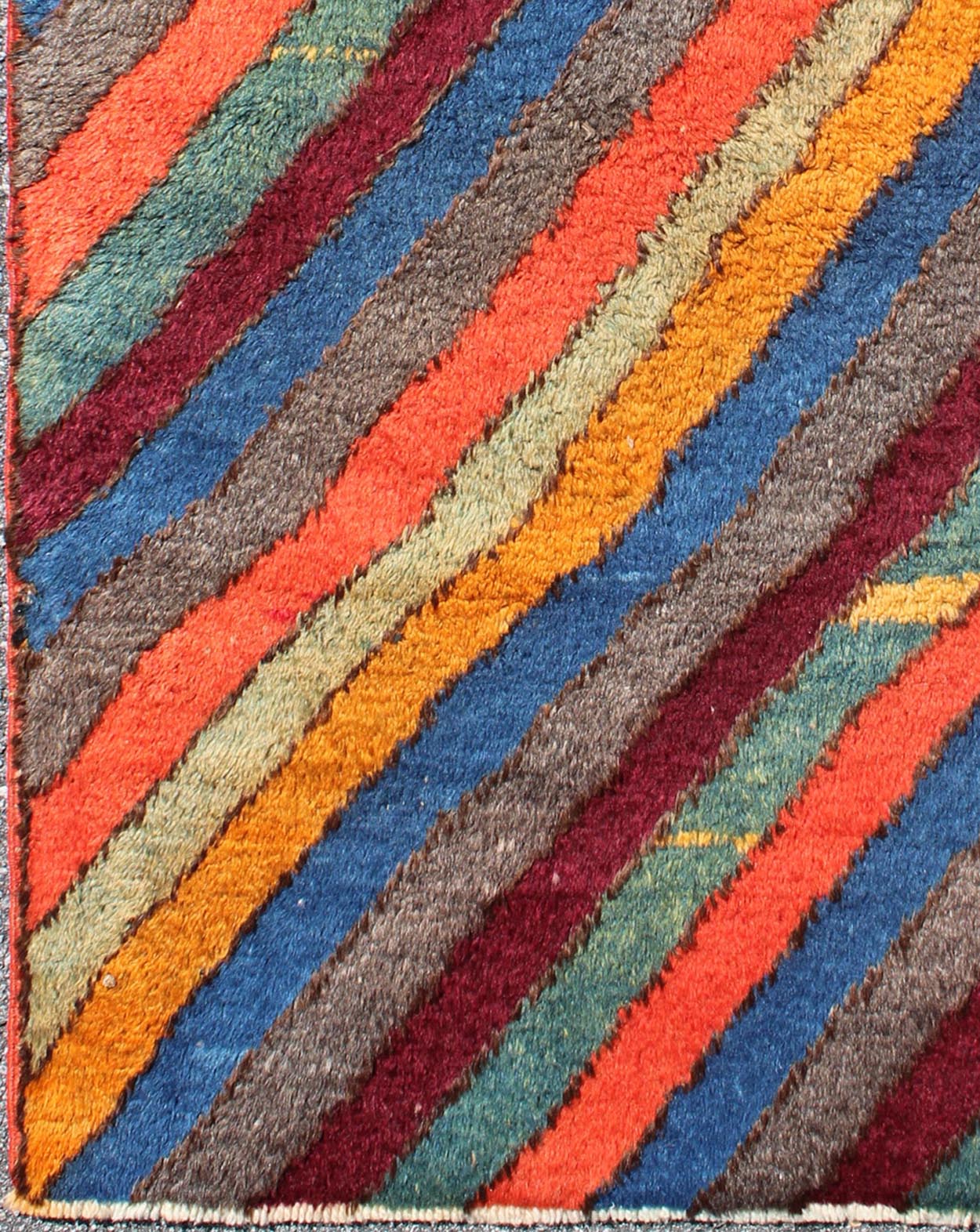 Colorful Vintage small Tulu rug. Vintage Turkish Tulu Rug with Horizontal Stripes, Keivan Woven Arts/ rug#EN - 140719 , origin/Turkey, Vintage Wool Tulu, vintage Moroccan rug, stripe Moroccan. Measures: 2'11 x 4'10. This unique Tulu carpet... - Keivan Woven ArtsEN - 140719 - 6005Rug