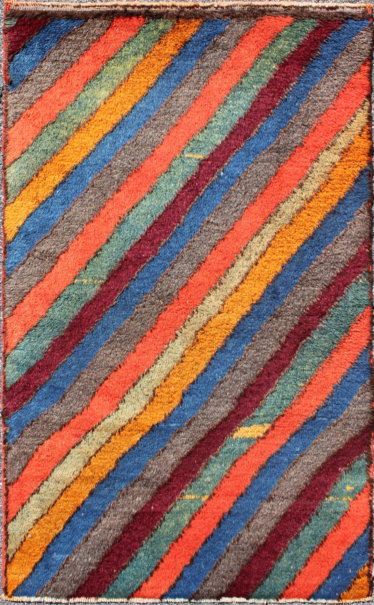 Colorful Vintage small Tulu rug. Vintage Turkish Tulu Rug with Horizontal Stripes, Keivan Woven Arts/ rug#EN - 140719 , origin/Turkey, Vintage Wool Tulu, vintage Moroccan rug, stripe Moroccan. Measures: 2'11 x 4'10. This unique Tulu carpet... - Keivan Woven ArtsEN - 140719 - 6005Rug