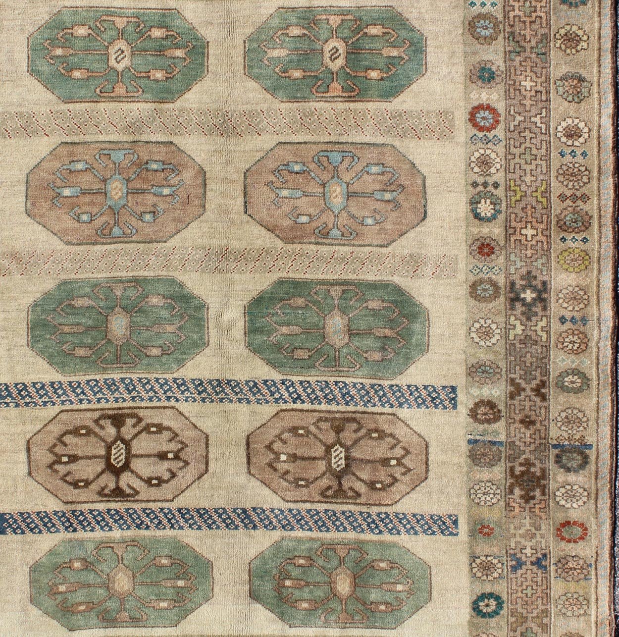 Mid - Century Turkish Oushak Rug with Ten Geometric Medallions in Teal & Cream, rug en - 140811, country of origin / type: Turkey / Oushak, circa mid - 20th century This vintage Turkish Oushak rug (circa mid - 20th century) features a unique blend of co... - Keivan Woven ArtsEN - 140811 - 6628Rug