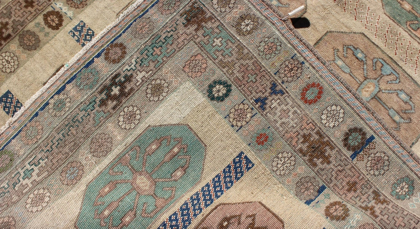 Mid - Century Turkish Oushak Rug with Ten Geometric Medallions in Teal & Cream, rug en - 140811, country of origin / type: Turkey / Oushak, circa mid - 20th century This vintage Turkish Oushak rug (circa mid - 20th century) features a unique blend of co... - Keivan Woven ArtsEN - 140811 - 6628Rug