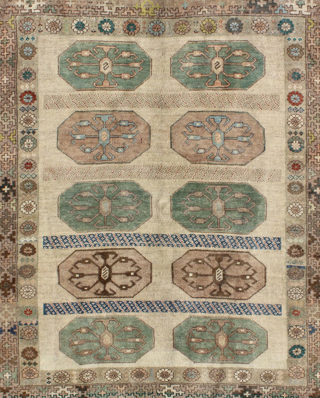 Mid - Century Turkish Oushak Rug with Ten Geometric Medallions in Teal & Cream, rug en - 140811, country of origin / type: Turkey / Oushak, circa mid - 20th century This vintage Turkish Oushak rug (circa mid - 20th century) features a unique blend of co... - Keivan Woven ArtsEN - 140811 - 6628Rug