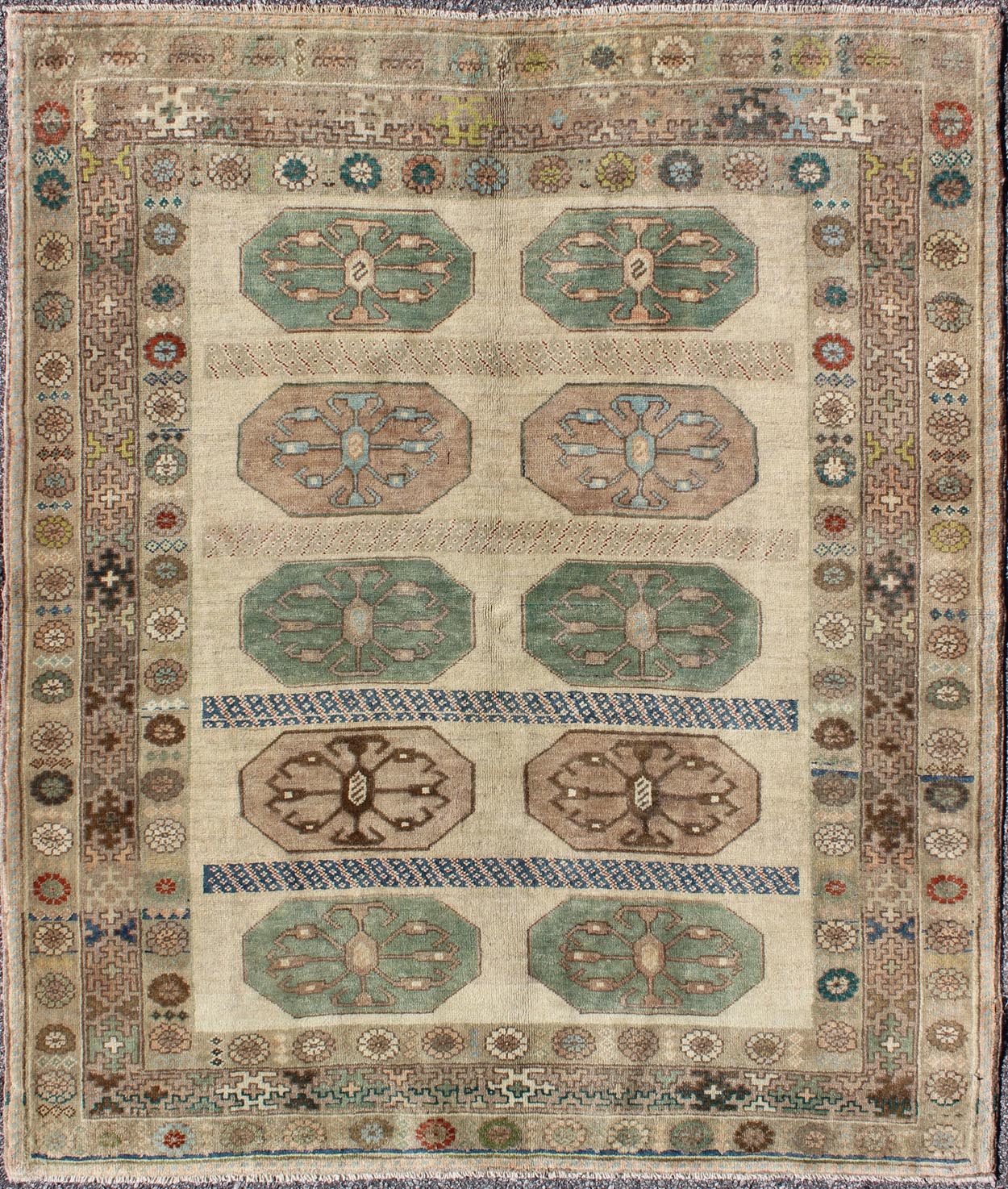 Mid - Century Turkish Oushak Rug with Ten Geometric Medallions in Teal & Cream, rug en - 140811, country of origin / type: Turkey / Oushak, circa mid - 20th century This vintage Turkish Oushak rug (circa mid - 20th century) features a unique blend of co... - Keivan Woven ArtsEN - 140811 - 6628Rug