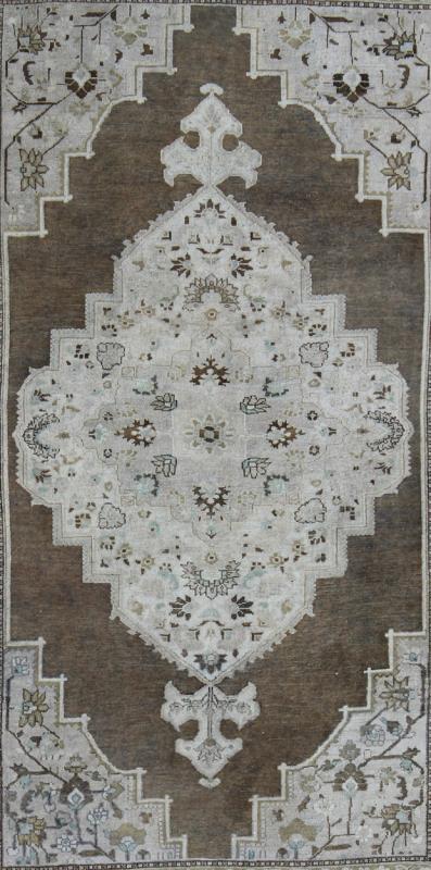 Vintage Turkish Oushak long Rug with Medallion in Brown, Green & Neutral Colors Measures: 7'7 x 12'2 This beautiful Turkish Oushak from mid 20th century Turkey features a Classic medallion Oushak design. The Greenish - brown ground is home ... - Keivan Woven ArtsEN - 140878 - 6638Rug
