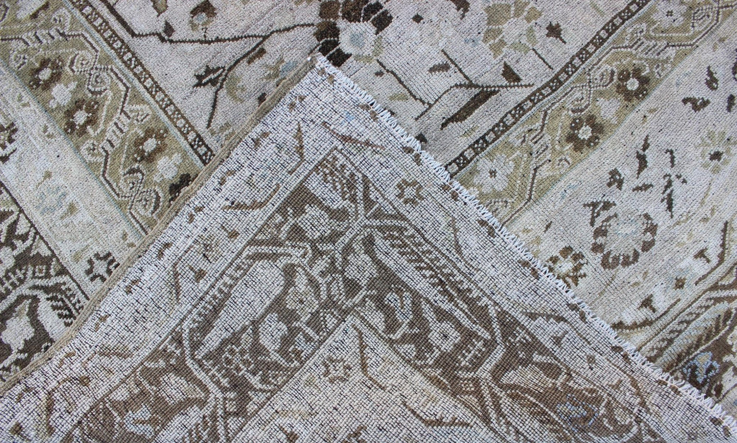 Vintage Turkish Oushak long Rug with Medallion in Brown, Green & Neutral Colors Measures: 7'7 x 12'2 This beautiful Turkish Oushak from mid 20th century Turkey features a Classic medallion Oushak design. The Greenish - brown ground is home ... - Keivan Woven ArtsEN - 140878 - 6638Rug