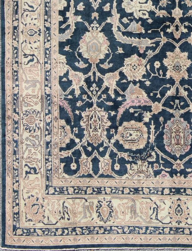 Turkish Carpet with Deep Navy Background and Lovely Botanical Motifs Deep Navy Blue Vintage Turkish Rug rug/en - 140898, origin/turkey kwarugs This Turkish rug contains subtle tones of light pink, lavender, and cream, which are highlight... - Keivan Woven ArtsEN - 140898 - 6652Rug