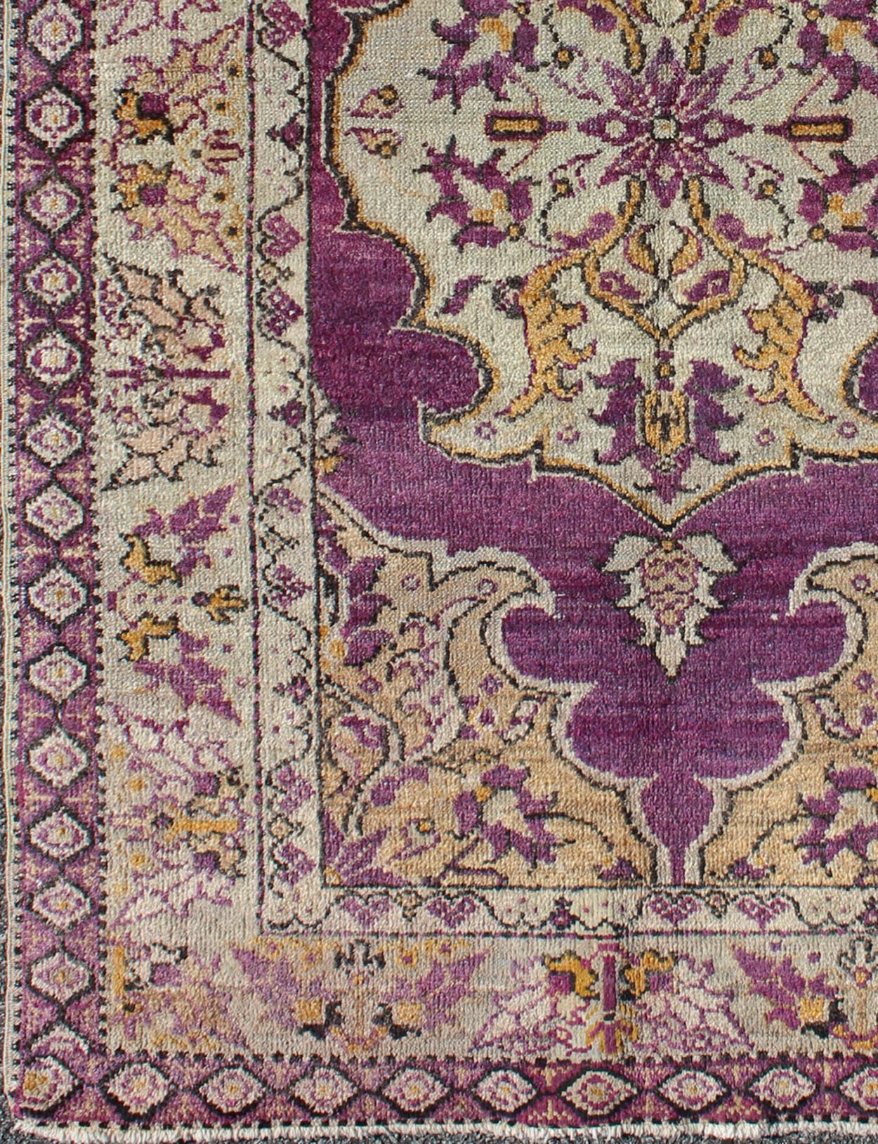 Purple Vintage Turkish Oushak Rug with a Traditional Medallion Design Measures: 3'6'' x 5'8''. This lovely vintage Oushak is set on a purple background and features a floral medallion with accents of deep gold. The taupe border has a unique ... - Keivan Woven ArtsEN - 141034 - 7135Rug