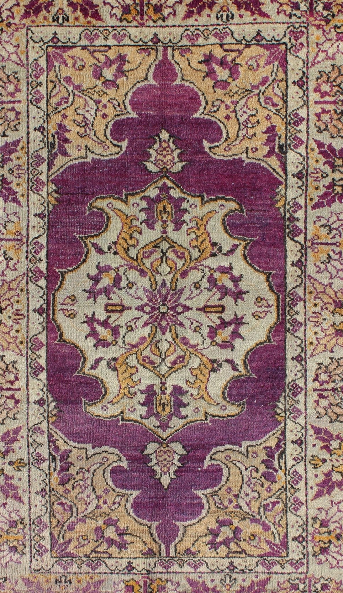 Purple Vintage Turkish Oushak Rug with a Traditional Medallion Design Measures: 3'6'' x 5'8''. This lovely vintage Oushak is set on a purple background and features a floral medallion with accents of deep gold. The taupe border has a unique ... - Keivan Woven ArtsEN - 141034 - 7135Rug