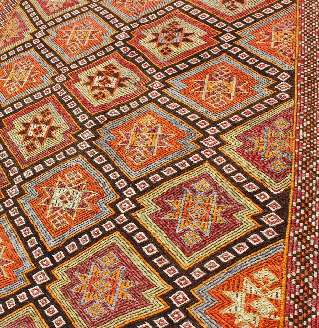 Colorful Vintage Turkish Embroidered Flat - Weave Kilim Rug With All - Over Diamond Design. vintage Cicim. vintage Jajim, vintage jajeem Colorful Vintage Turkish Flat - Weave Tribal Modern Kilim with Embroideries. Keivan Woven Arts / rug EN - 141146, co... - Keivan Woven ArtsEN - 141146 - 7163Rug