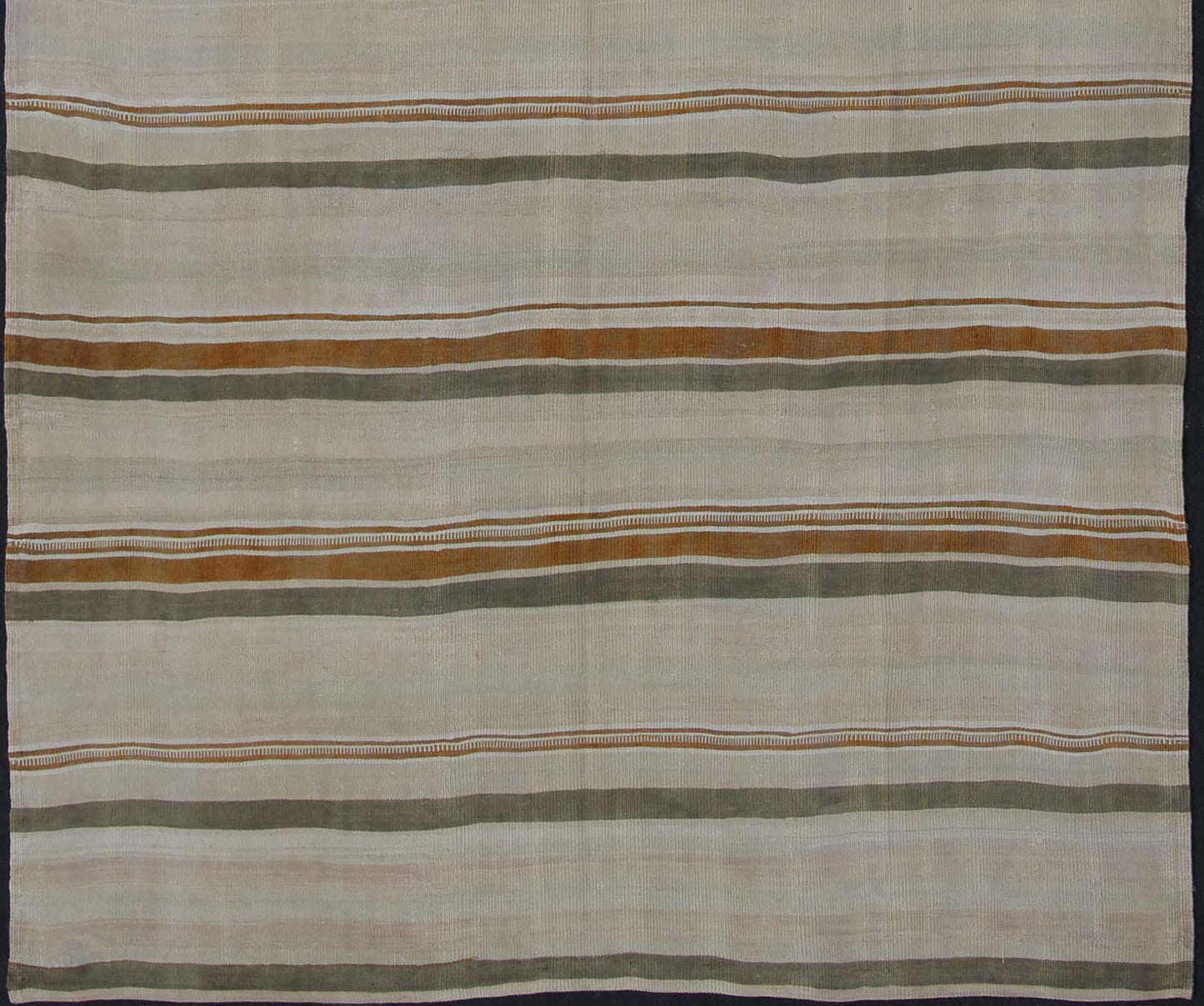 Large Kilim Vintage Rug With Green - Gray and Cognac Color in Stripe Design Vintage Turkish flat - woven Kilim with Minimalist stripe design, Keivan Woven Arts / rug en - 141237, country of origin / type: Turkey / Kilim, circa 1950. This kilim ... - Keivan Woven ArtsEN - 141237 - 11379Rug