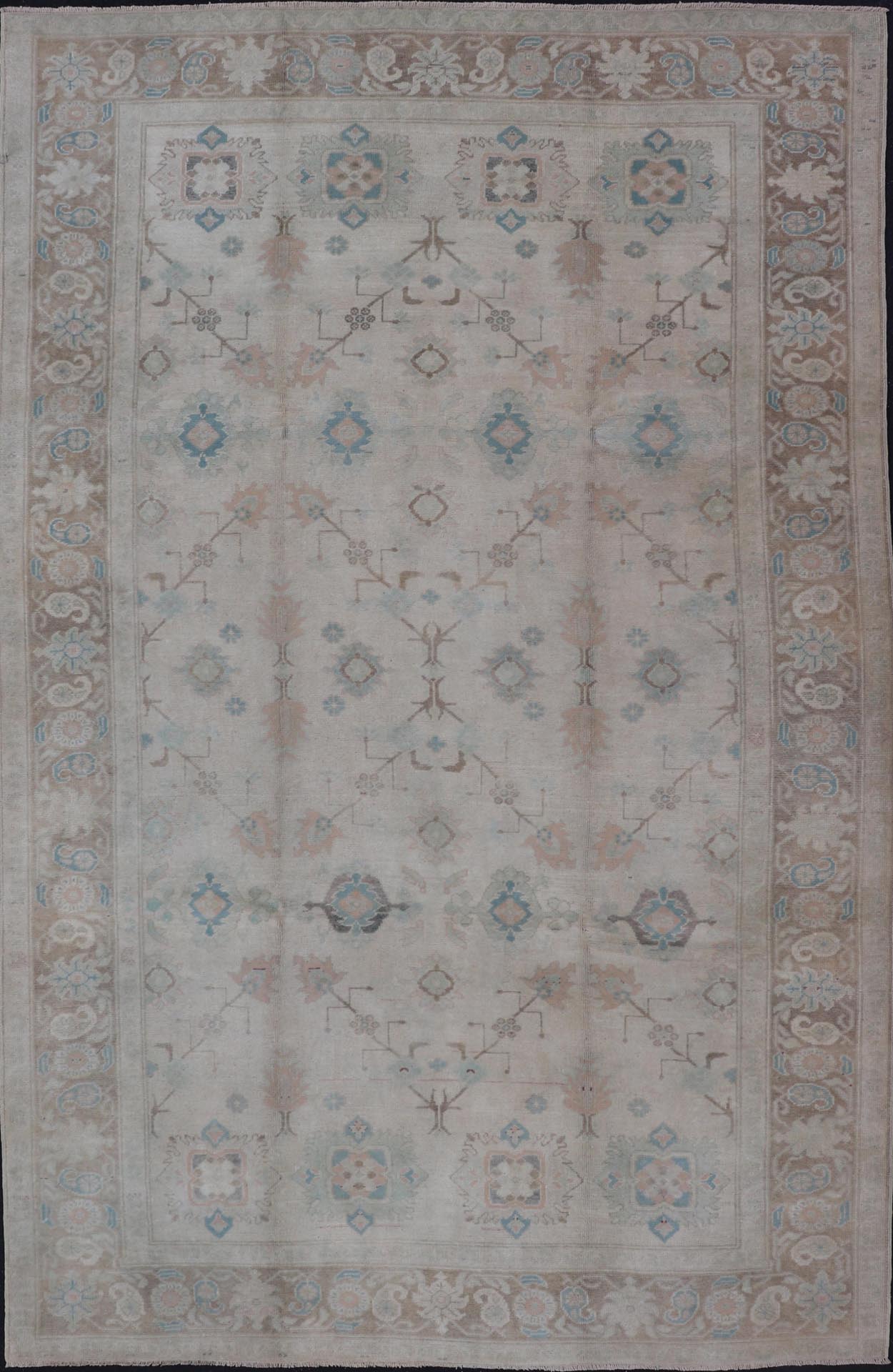 Vintage Turkish Floral Oushak Rug in Pale Gray, Brown and Blue. Country of Origin: Turkey; Type: Oushak; Design: Floral, Oushak Floral; Keivan Woven Arts: rug EN - 141684 Measures: 6'7 x 10'10 This vintage Turkish Oushak showcases very c... - Keivan Woven ArtsEN - 141684 - 6721Rug