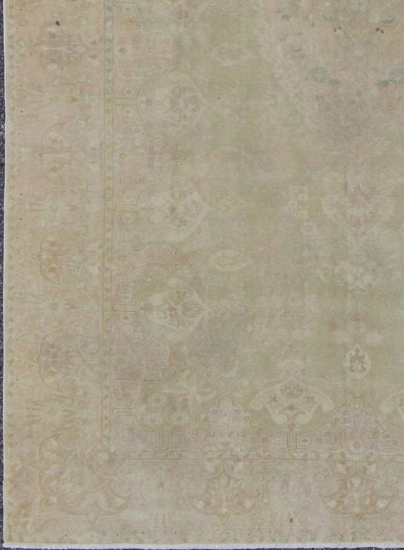 Soft Toned, Medallion Design Vintage Hand Knotted Turkish Sivas Rug in Green and Pink Ornate floral medallion vintage Turkish Sivas rug in light green, pink, tan and cream, Keivan Woven Arts / rug EN - 141690, country of origin / type: Turkey / Si... - Keivan Woven ArtsEN - 141690 - 6727Rug