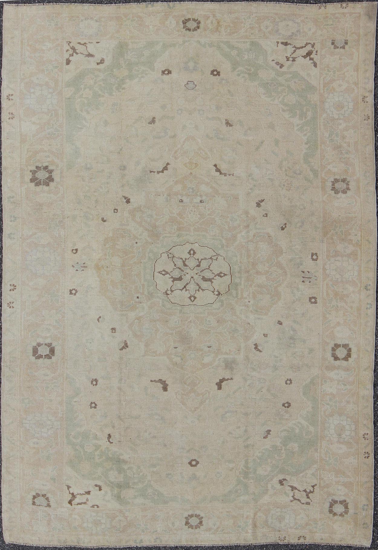 Muted Turkish Oushak Rug With Medallion in Shades of Taupe, Light Brown & Green. Muted Turkish Oushak rug with medallion design and floral pattern. rug en - 141693, country of origin / type: Turkey / Oushak, circa mid - 20th century This Tur... - Keivan Woven ArtsEN - 141693 - 6731Rug