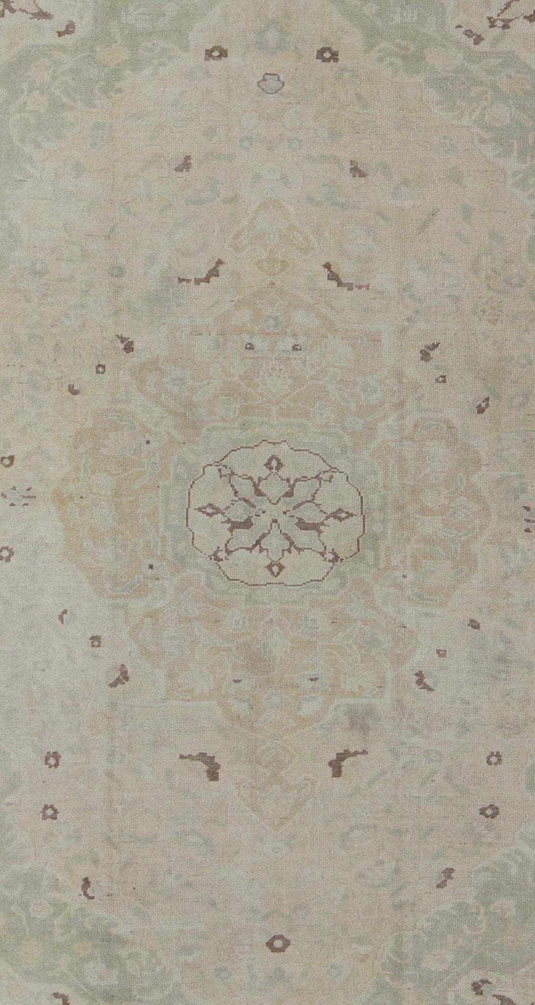 Muted Turkish Oushak Rug With Medallion in Shades of Taupe, Light Brown & Green. Muted Turkish Oushak rug with medallion design and floral pattern. rug en - 141693, country of origin / type: Turkey / Oushak, circa mid - 20th century This Tur... - Keivan Woven ArtsEN - 141693 - 6731Rug