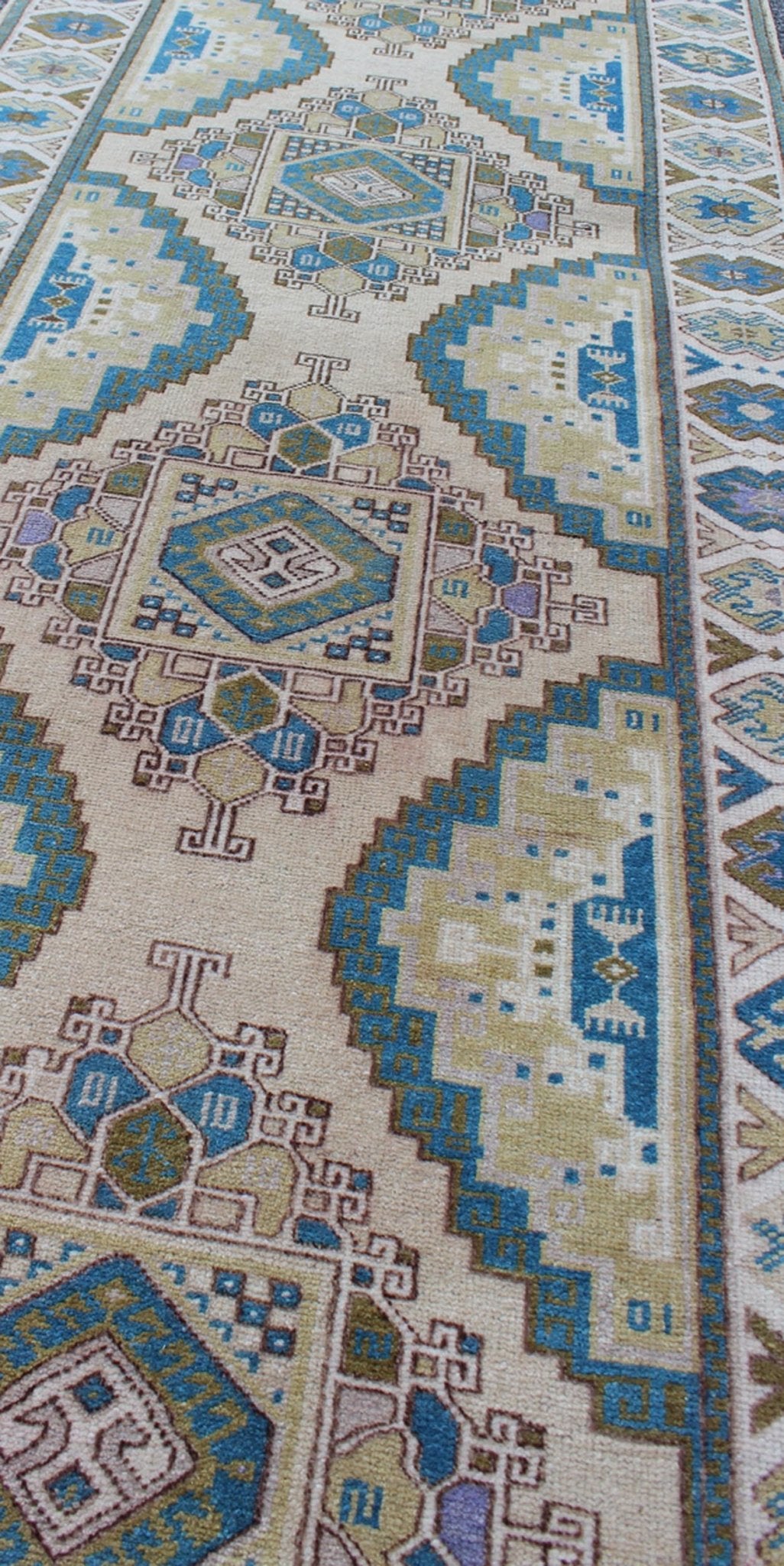 Teal, Green, Blue and Yellow Vintage Turkish Oushak Runner with Geometric Design Measures: 3'1'' x 12'5''. This vintage Turkish Oushak runner (circa 1930) features a unique blend of colors and an intricately beautiful design. The central ... - Keivan Woven ArtsEN - 141711 - 6739Rug