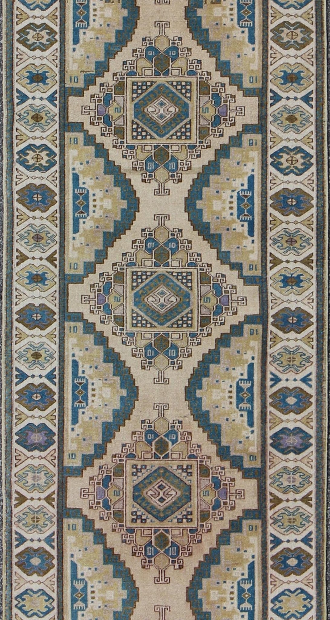 Teal, Green, Blue and Yellow Vintage Turkish Oushak Runner with Geometric Design Measures: 3'1'' x 12'5''. This vintage Turkish Oushak runner (circa 1930) features a unique blend of colors and an intricately beautiful design. The central ... - Keivan Woven ArtsEN - 141711 - 6739Rug