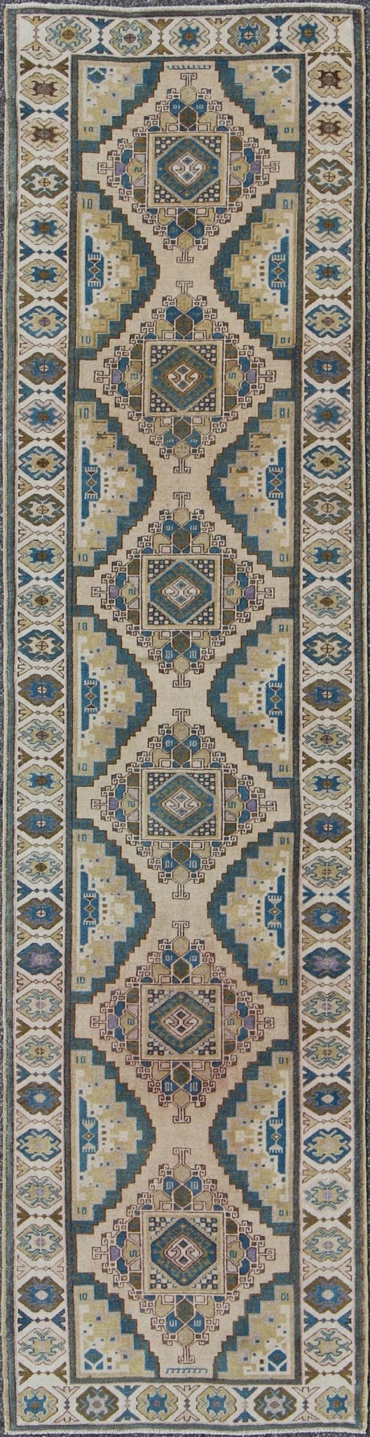 Teal, Green, Blue and Yellow Vintage Turkish Oushak Runner with Geometric Design Measures: 3'1'' x 12'5''. This vintage Turkish Oushak runner (circa 1930) features a unique blend of colors and an intricately beautiful design. The central ... - Keivan Woven ArtsEN - 141711 - 6739Rug