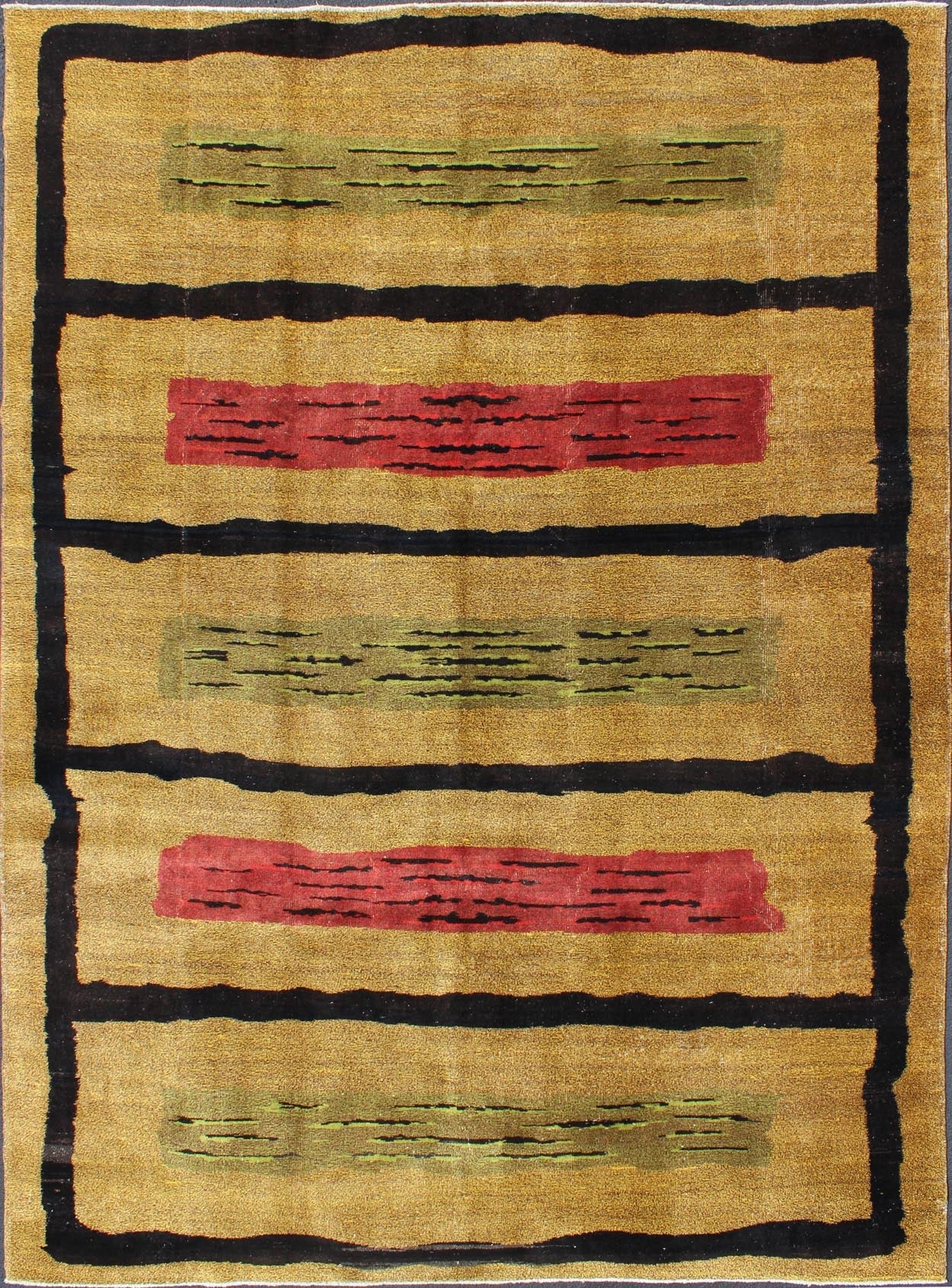 Mid - Century Modern Design Turkish Zeki Muren Rug in Golden and Sand Colors Measures: 6'10'' x 9'11''. Attributed to the famous Turkish rug designer, Zeki Muren, this Mid - Century modern design rug displays a sandy - tan background. The rug feat... - Keivan Woven ArtsEN - 141712 - 6743Rug