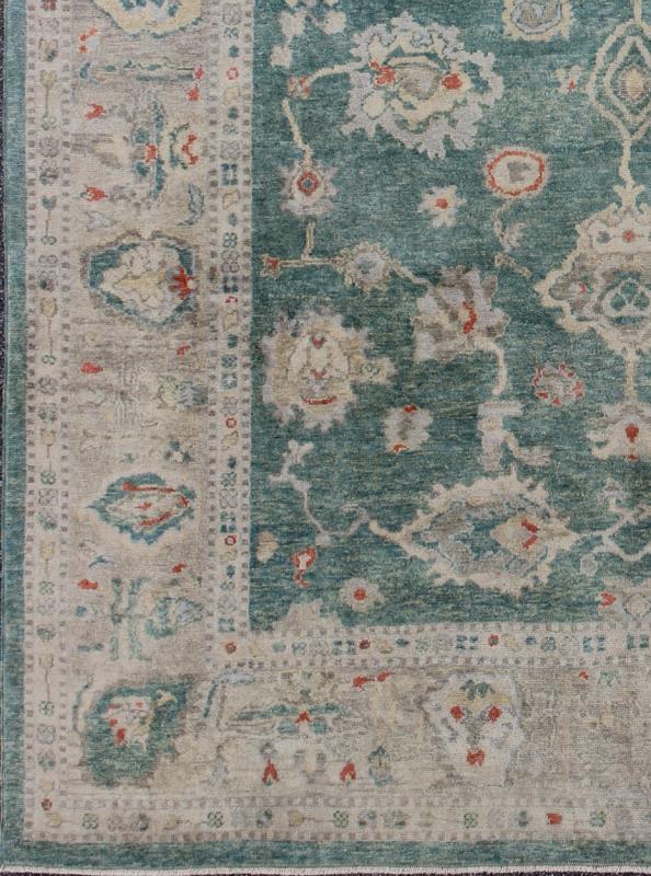 Green Color Turkish Oushak Rug Made with Hand Spun Wool & All - Over Design. Turkish Oushak Rug With Green, Taupe, Tan, Blush and Pop of Orange Turkish Oushak Rug with Green background and All - Over Flower Design, Keivan Woven Arts/ rug EN - 141714,... - Keivan Woven ArtsEN - 141714 - 6747Rug