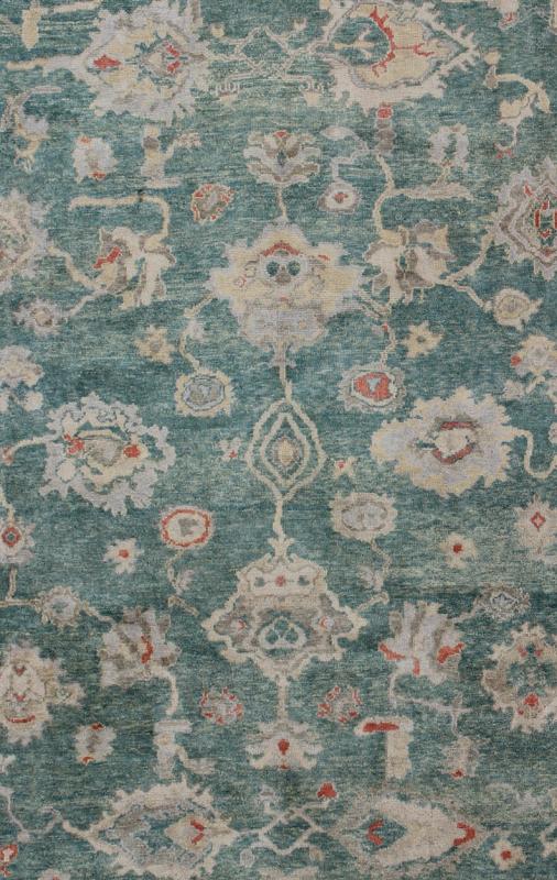 Green Color Turkish Oushak Rug Made with Hand Spun Wool & All - Over Design. Turkish Oushak Rug With Green, Taupe, Tan, Blush and Pop of Orange Turkish Oushak Rug with Green background and All - Over Flower Design, Keivan Woven Arts/ rug EN - 141714,... - Keivan Woven ArtsEN - 141714 - 6747Rug