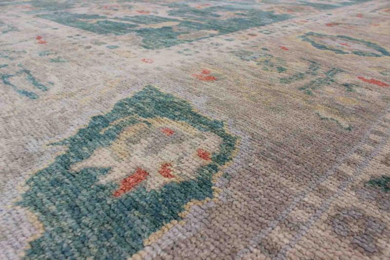 Green Color Turkish Oushak Rug Made with Hand Spun Wool & All - Over Design. Turkish Oushak Rug With Green, Taupe, Tan, Blush and Pop of Orange Turkish Oushak Rug with Green background and All - Over Flower Design, Keivan Woven Arts/ rug EN - 141714,... - Keivan Woven ArtsEN - 141714 - 6747Rug