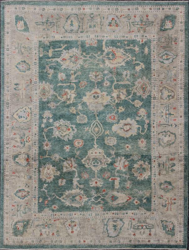 Green Color Turkish Oushak Rug Made with Hand Spun Wool & All - Over Design. Turkish Oushak Rug With Green, Taupe, Tan, Blush and Pop of Orange Turkish Oushak Rug with Green background and All - Over Flower Design, Keivan Woven Arts/ rug EN - 141714,... - Keivan Woven ArtsEN - 141714 - 6747Rug