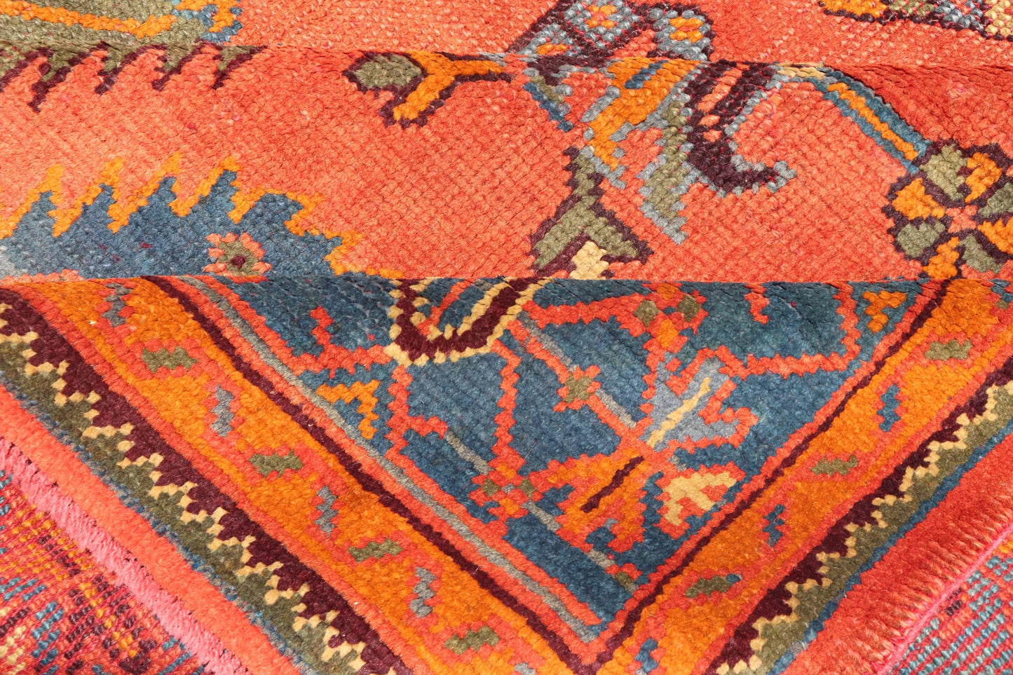 Antique Turkish Oushak Colorful Rug With All - Over Design In Salmon and Blue's. Keivan Woven Arts; rug EN - 141817, Country of Origin: Turkey Type: Antique Oushak Design: Floral, Sub - Geometric, All - Over. Measures: 7'9 x 12'4. Vibrant flowers and... - Keivan Woven ArtsEN - 141817 - 8026Rug