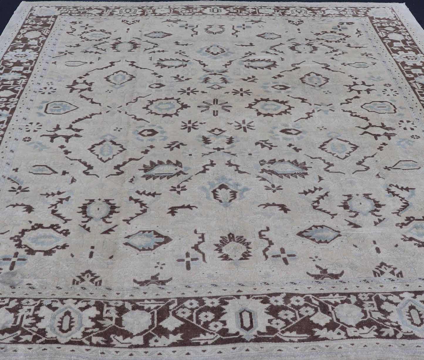 Square Shaped Vintage Turkish Oushak Rug with Brown, Lt. Blue and Cream Tones Keivan Woven Arts / rug EN - 141954, country of origin / type: Turkey / Oushak, circa mid - 20th Century. Measures: 11'0'' x 12'5''. This vintage Turkish Oushak rug from th... - Keivan Woven ArtsEN - 141954 - 7835Rug