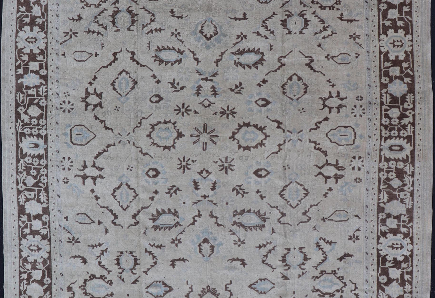 Square Shaped Vintage Turkish Oushak Rug with Brown, Lt. Blue and Cream Tones Keivan Woven Arts / rug EN - 141954, country of origin / type: Turkey / Oushak, circa mid - 20th Century. Measures: 11'0'' x 12'5''. This vintage Turkish Oushak rug from th... - Keivan Woven ArtsEN - 141954 - 7835Rug