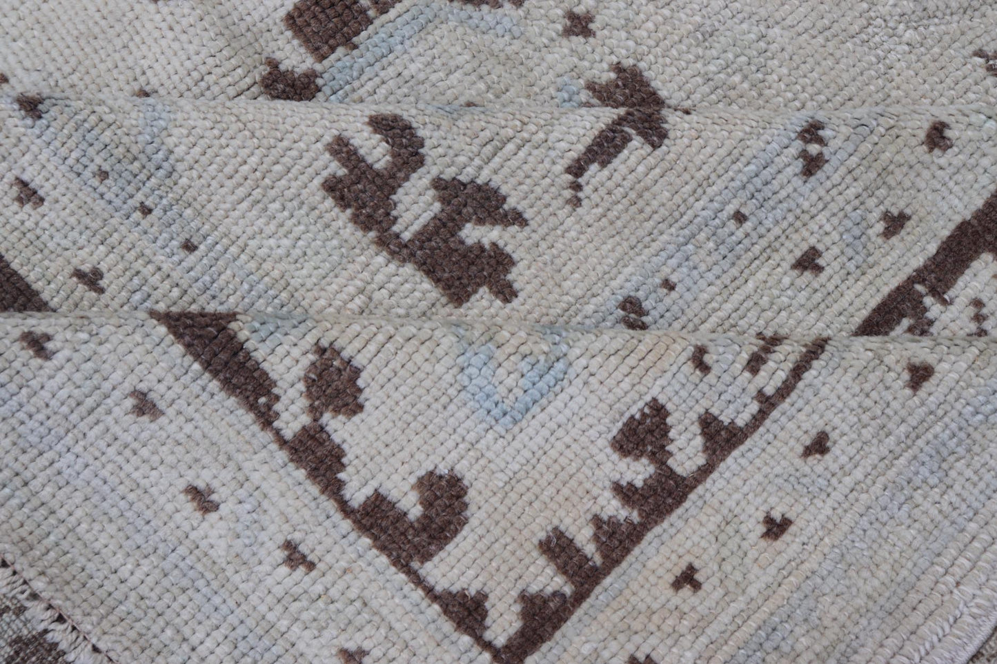 Square Shaped Vintage Turkish Oushak Rug with Brown, Lt. Blue and Cream Tones Keivan Woven Arts / rug EN - 141954, country of origin / type: Turkey / Oushak, circa mid - 20th Century. Measures: 11'0'' x 12'5''. This vintage Turkish Oushak rug from th... - Keivan Woven ArtsEN - 141954 - 7835Rug