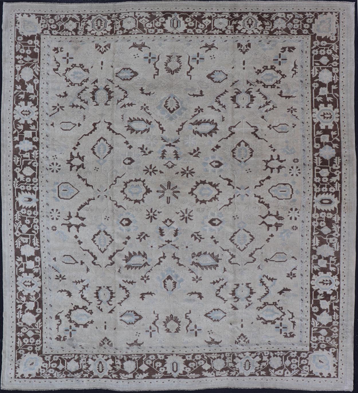 Square Shaped Vintage Turkish Oushak Rug with Brown, Lt. Blue and Cream Tones Keivan Woven Arts / rug EN - 141954, country of origin / type: Turkey / Oushak, circa mid - 20th Century. Measures: 11'0'' x 12'5''. This vintage Turkish Oushak rug from th... - Keivan Woven ArtsEN - 141954 - 7835Rug