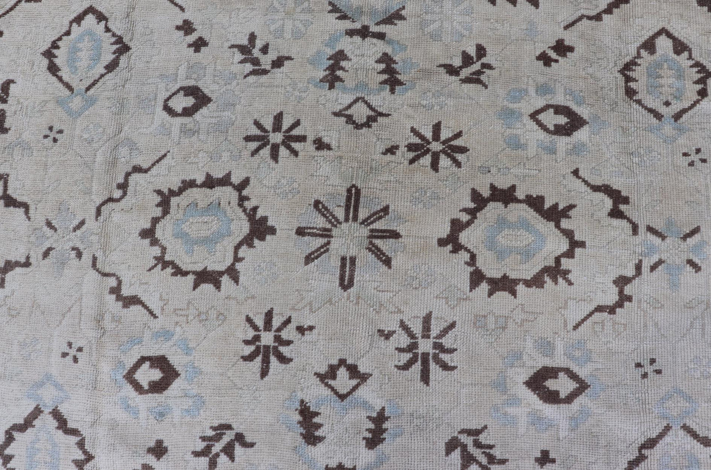 Square Shaped Vintage Turkish Oushak Rug with Brown, Lt. Blue and Cream Tones Keivan Woven Arts / rug EN - 141954, country of origin / type: Turkey / Oushak, circa mid - 20th Century. Measures: 11'0'' x 12'5''. This vintage Turkish Oushak rug from th... - Keivan Woven ArtsEN - 141954 - 7835Rug