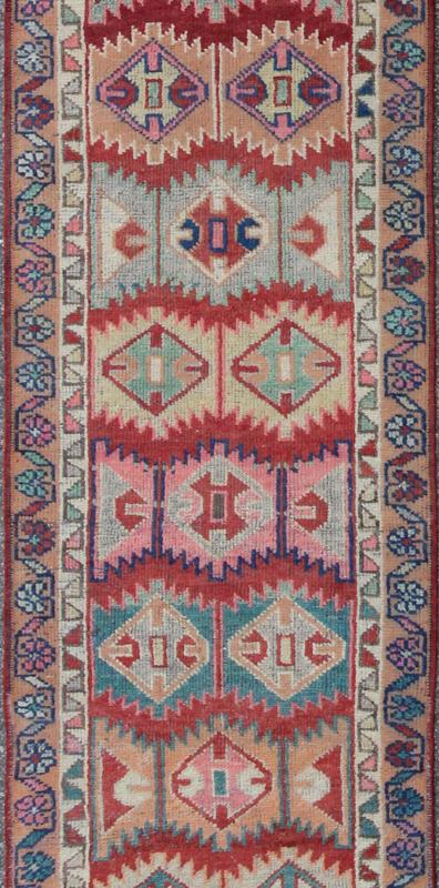Unique and Colorful Turkish Oushak Runner with Intricate Geometric Pattern kwarugs This Turkish Oushak runner features repeating geometric motifs of varying size, shape, and color. The two borders are an extension of this colorful geometric them... - Keivan Woven ArtsEN - 142153 - 8329Rug