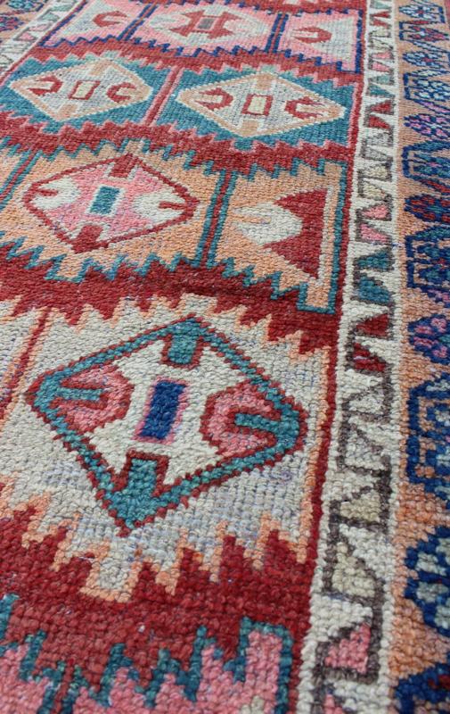 Unique and Colorful Turkish Oushak Runner with Intricate Geometric Pattern kwarugs This Turkish Oushak runner features repeating geometric motifs of varying size, shape, and color. The two borders are an extension of this colorful geometric them... - Keivan Woven ArtsEN - 142153 - 8329Rug