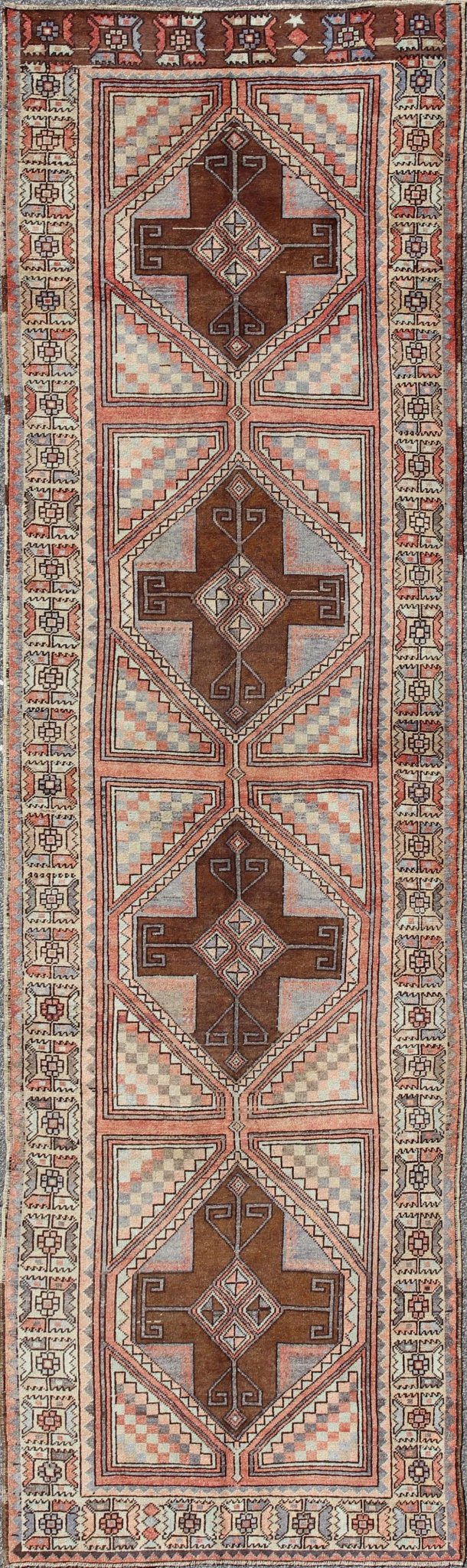 Multicolored pastel vintage Turkish Oushak runner with cross shapes design, rug en - 142351, country of origin / type: Turkey / Oushak, circa 1940 This vintage Turkish Oushak runner (circa 1940) features a unique blend of colors and an intricately... - Keivan Woven ArtsEN - 142351 - 8371Rug