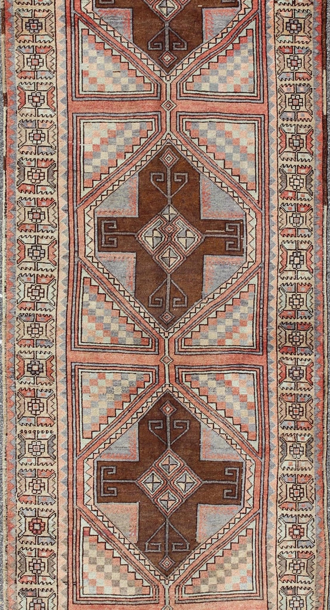 Multicolored pastel vintage Turkish Oushak runner with cross shapes design, rug en - 142351, country of origin / type: Turkey / Oushak, circa 1940 This vintage Turkish Oushak runner (circa 1940) features a unique blend of colors and an intricately... - Keivan Woven ArtsEN - 142351 - 8371Rug