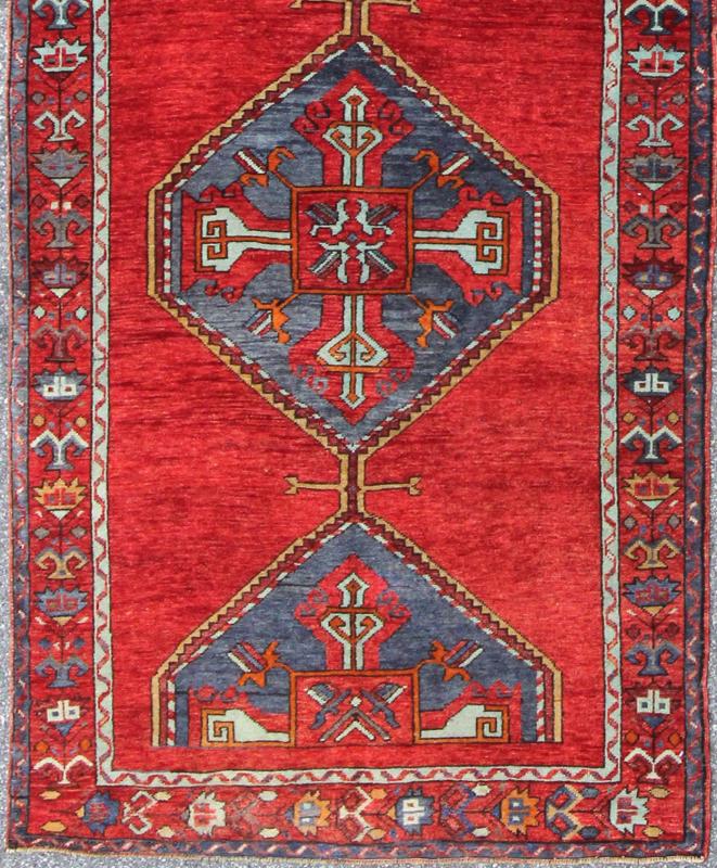 En - 142354, 1940s Vintage Turkish Oushak Gallery Rug Colorful Turkish Oushak Runner in Various Shades of Red, Blue, and Yellow This Turkish Oushak runner features Multiple medallions as well as patterns of smaller, geometric motifs. Colors includ... - Keivan Woven ArtsEN - 142354 - 8375Rug