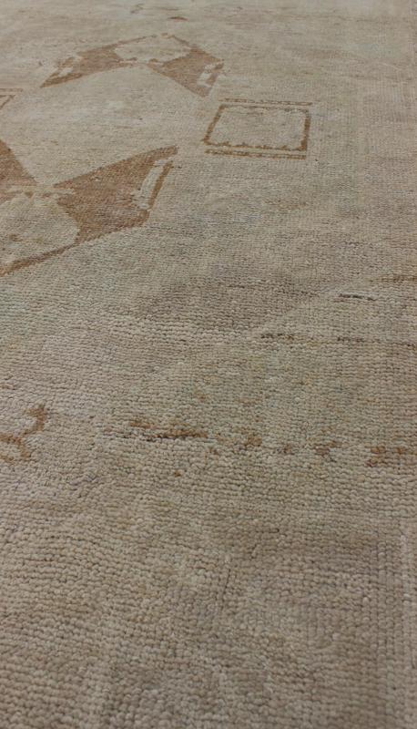 Vintage Oushak Turkish Runner with Ivory, Taupe and Light Brown and Faint Green Measures: 3'4'' x 11'8''. This beautiful vintage Oushak runner from mid - 20th century Turkey features a classic geometric Oushak design. The faint ivory groun... - Keivan Woven ArtsEN - 142367 - 8052Rug