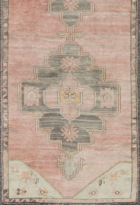 Coral and Pink Turkish Oushak Runner with Medallion Design. Measures: 3'0'' x 11'4''. This lovely Oushak features three center medallions in light grey with a coral central field, characterized by floral blossoms and trellis motifs. The softl... - Keivan Woven ArtsEN - 142371 - 8058Rug