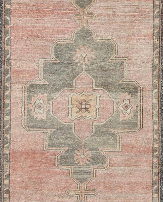Coral and Pink Turkish Oushak Runner with Medallion Design. Measures: 3'0'' x 11'4''. This lovely Oushak features three center medallions in light grey with a coral central field, characterized by floral blossoms and trellis motifs. The softl... - Keivan Woven ArtsEN - 142371 - 8058Rug