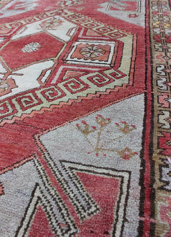 Vintage Turkish Oushak Gallery Runner With Geometric Design in Red, Olive Green kwarugs This Turkish Oushak Keivan Woven Arts / runner, from the mid - 20th century Oushak, features a central medallion design as well as patterns of smaller, all... - Keivan Woven ArtsEN - 142386 - 8383Rug