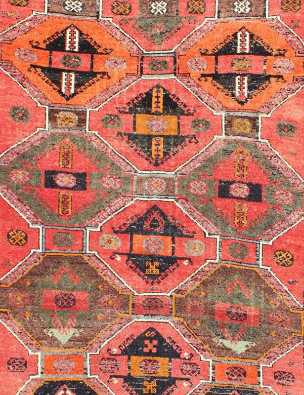 Geometric Medallions Vintage Tribal Oushak Rug in Red, Orange, Charcoal & Brown Measures: 3'10'' x 6'9''. This Turkish Oushak gallery rug (circa mid - 20th Century) features an assortment of geometric medallions that take center stage on a brig... - Keivan Woven ArtsEN - 142608 - 7731Rug