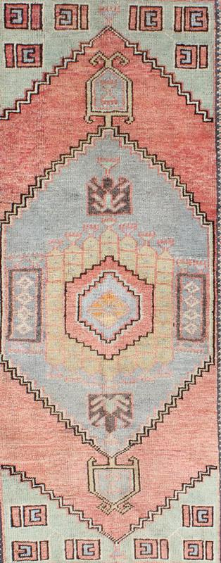 Vintage Turkish Oushak Medallion Rug in Salmon, Light Green, Gray & Light Blue Measures: 3'2 x 6'3. Turkish Tribal Vintage Oushak with Medallion. Keivan Woven Arts, rug/EN - 142854, origin/turkey, vintage Oushak. This beautiful rug... - Keivan Woven ArtsEN - 142854 - 8337Rug