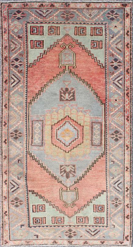 Vintage Turkish Oushak Medallion Rug in Salmon, Light Green, Gray & Light Blue Measures: 3'2 x 6'3. Turkish Tribal Vintage Oushak with Medallion. Keivan Woven Arts, rug/EN - 142854, origin/turkey, vintage Oushak. This beautiful rug... - Keivan Woven ArtsEN - 142854 - 8337