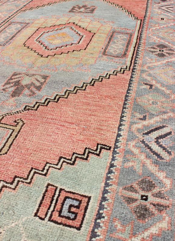 Vintage Turkish Oushak Medallion Rug in Salmon, Light Green, Gray & Light Blue Measures: 3'2 x 6'3. Turkish Tribal Vintage Oushak with Medallion. Keivan Woven Arts, rug/EN - 142854, origin/turkey, vintage Oushak. This beautiful rug... - Keivan Woven ArtsEN - 142854 - 8337Rug